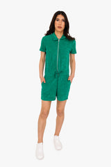 Women's Terry Towel Zipped Jumpsuit – Organic Cotton & Recycled Blend - Malachite Green