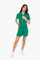 Women's Terry Towel Zipped Jumpsuit – Organic Cotton & Recycled Blend - Malachite Green