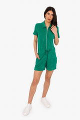 Women's Terry Towel Zipped Jumpsuit – Organic Cotton & Recycled Blend - Malachite Green