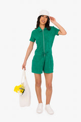 Women's Terry Towel Zipped Jumpsuit – Organic Cotton & Recycled Blend - Malachite Green