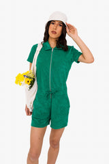 Women's Terry Towel Zipped Jumpsuit – Organic Cotton & Recycled Blend - Malachite Green
