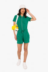 Women's Terry Towel Zipped Jumpsuit – Organic Cotton & Recycled Blend - Malachite Green